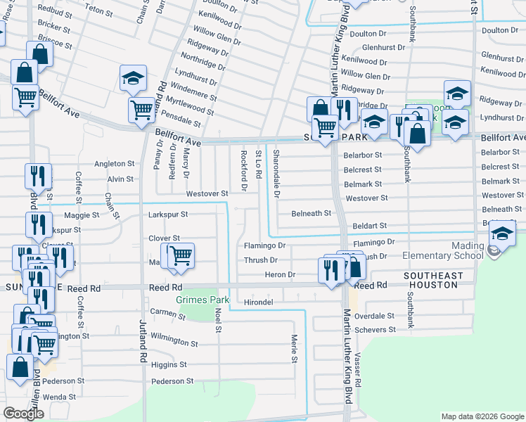 map of restaurants, bars, coffee shops, grocery stores, and more near 8227 Saint Lo Road in Houston