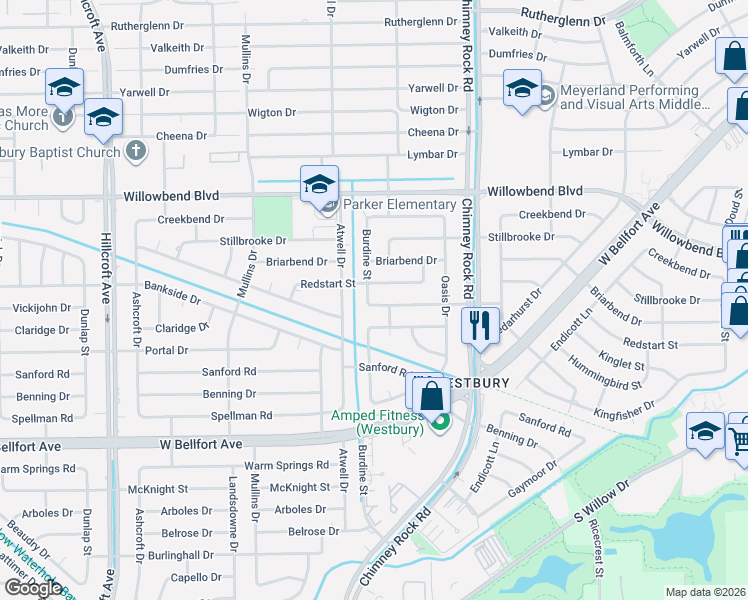 map of restaurants, bars, coffee shops, grocery stores, and more near 10827 Burdine Street in Houston