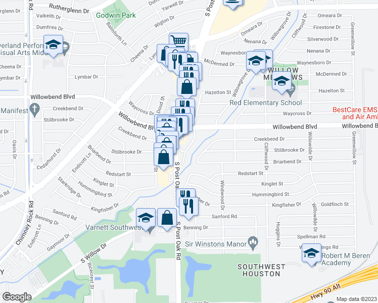 map of restaurants, bars, coffee shops, grocery stores, and more near 10833 Willowisp Drive in Houston