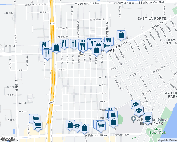 map of restaurants, bars, coffee shops, grocery stores, and more near 302 South 4th Street in La Porte