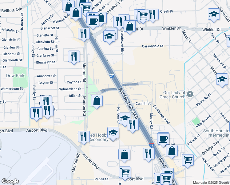 map of restaurants, bars, coffee shops, grocery stores, and more near 8866 Gulf Freeway in Houston