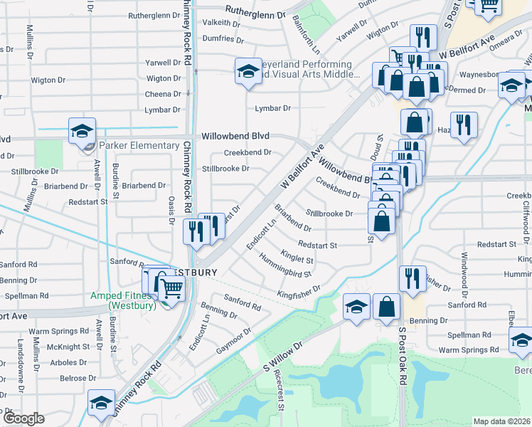 map of restaurants, bars, coffee shops, grocery stores, and more near 5211 West Bellfort Street in Houston
