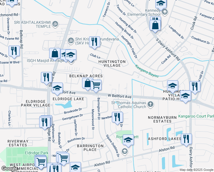 map of restaurants, bars, coffee shops, grocery stores, and more near 10888 Huntington Estates Drive in Houston