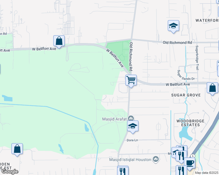 map of restaurants, bars, coffee shops, grocery stores, and more near 15928 Old Richmond Road in Sugar Land