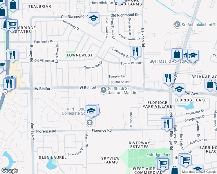 map of restaurants, bars, coffee shops, grocery stores, and more near 13833 West Bellfort Boulevard in Sugar Land