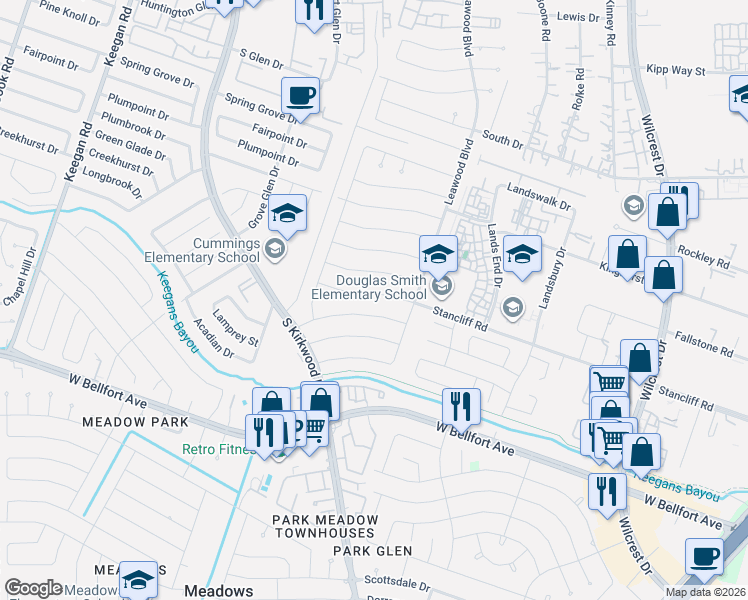 map of restaurants, bars, coffee shops, grocery stores, and more near 11503 Stancliff Road in Houston