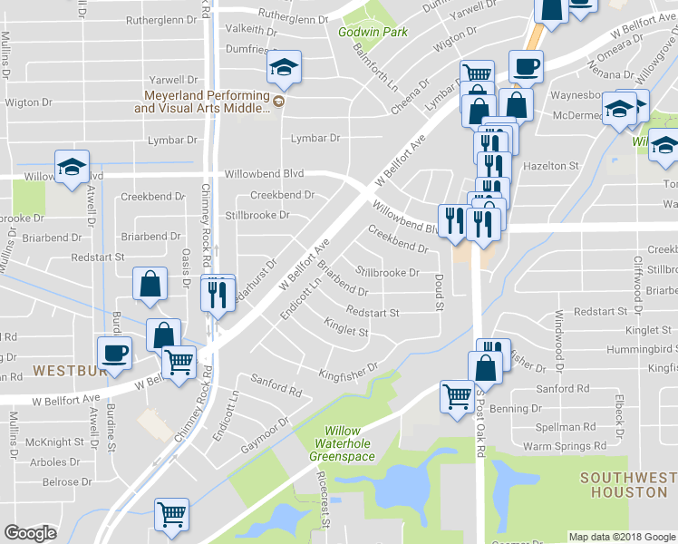 map of restaurants, bars, coffee shops, grocery stores, and more near 5218 Briarbend Drive in Houston