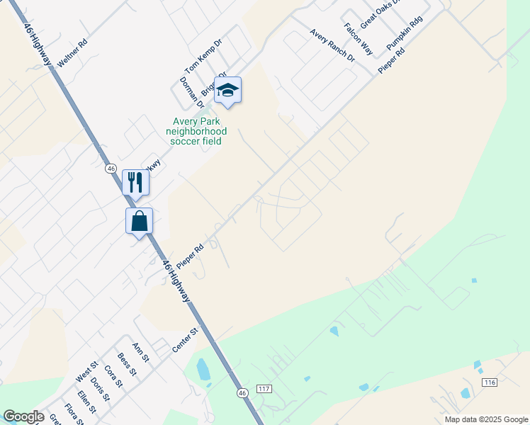 map of restaurants, bars, coffee shops, grocery stores, and more near 1265 Pieper Road in New Braunfels