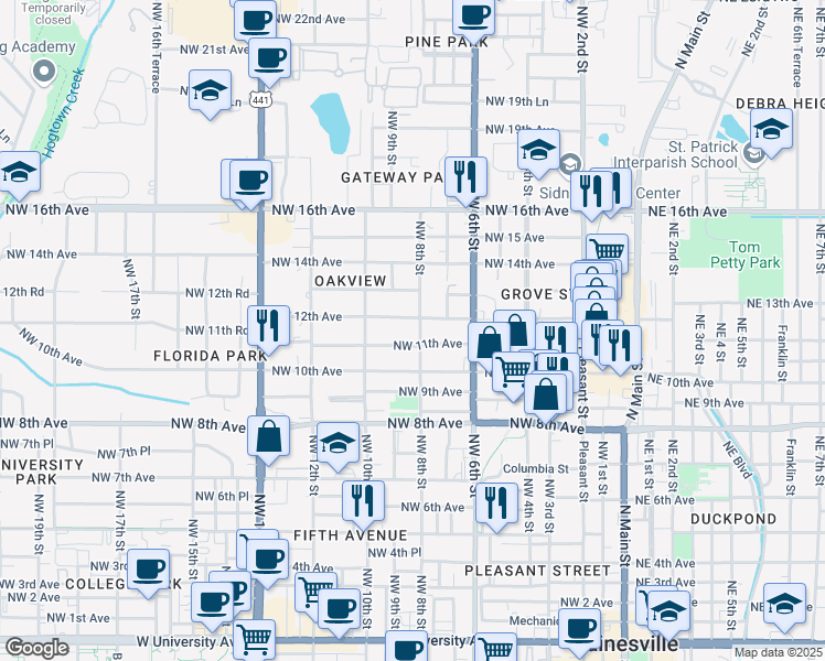 map of restaurants, bars, coffee shops, grocery stores, and more near 1114 Northwest 8th Street in Gainesville