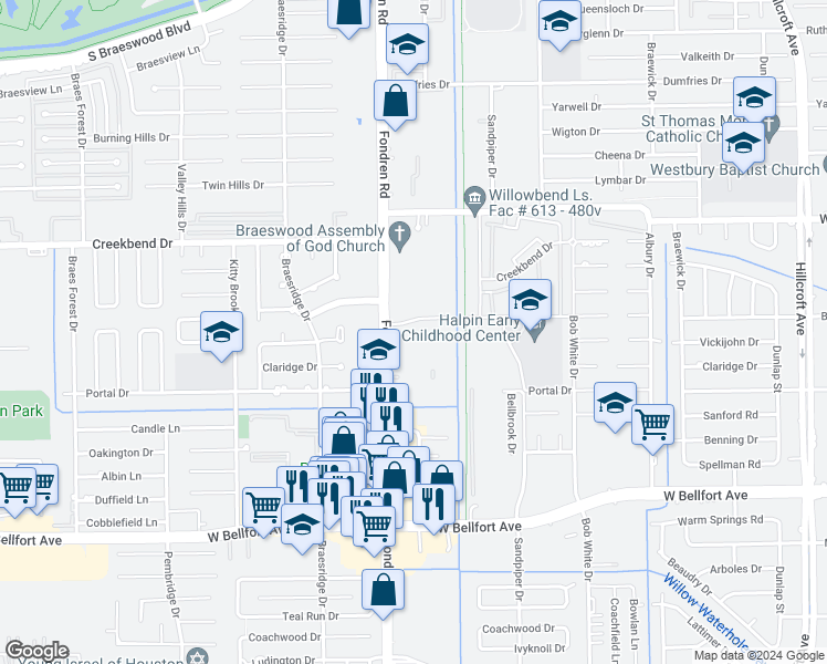 map of restaurants, bars, coffee shops, grocery stores, and more near 10909 Fondren Road in Houston