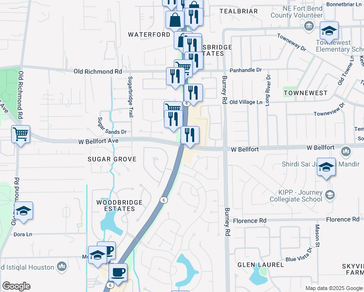 map of restaurants, bars, coffee shops, grocery stores, and more near Hwy 6 & W Bellfort Ave in Four Corners