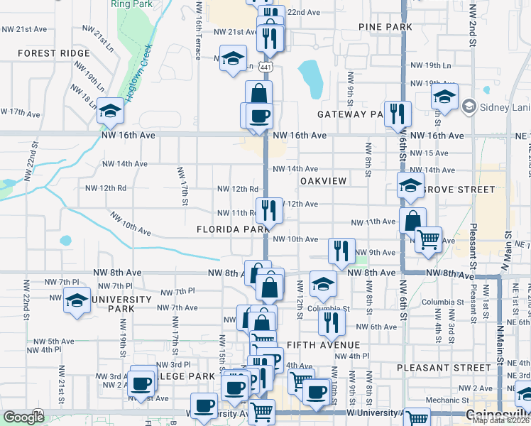 map of restaurants, bars, coffee shops, grocery stores, and more near 1301 Northwest 11th Road in Gainesville