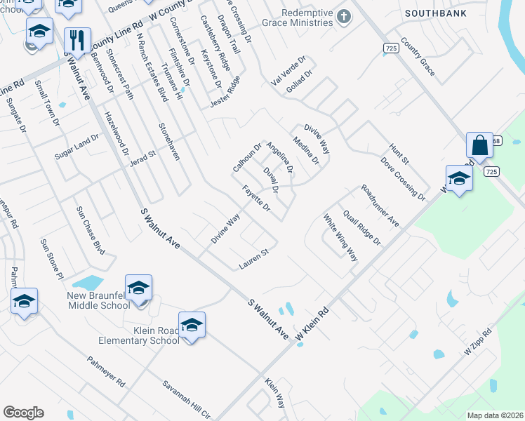 map of restaurants, bars, coffee shops, grocery stores, and more near 2528 Fayette Drive in New Braunfels