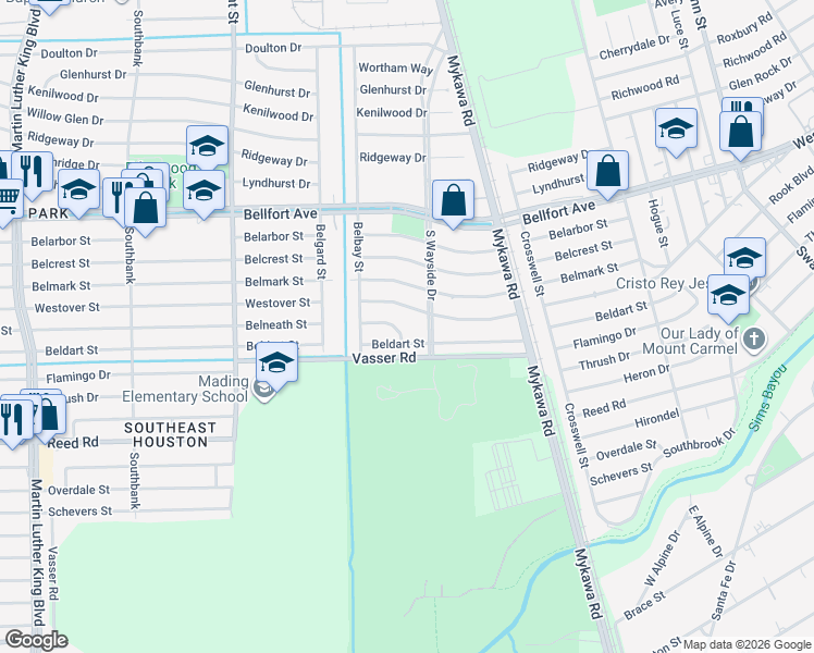 map of restaurants, bars, coffee shops, grocery stores, and more near 6035 Belneath Street in Houston