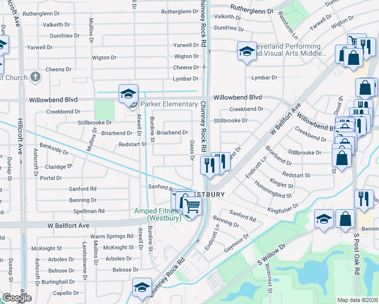 map of restaurants, bars, coffee shops, grocery stores, and more near 10826 Oasis Drive in Houston