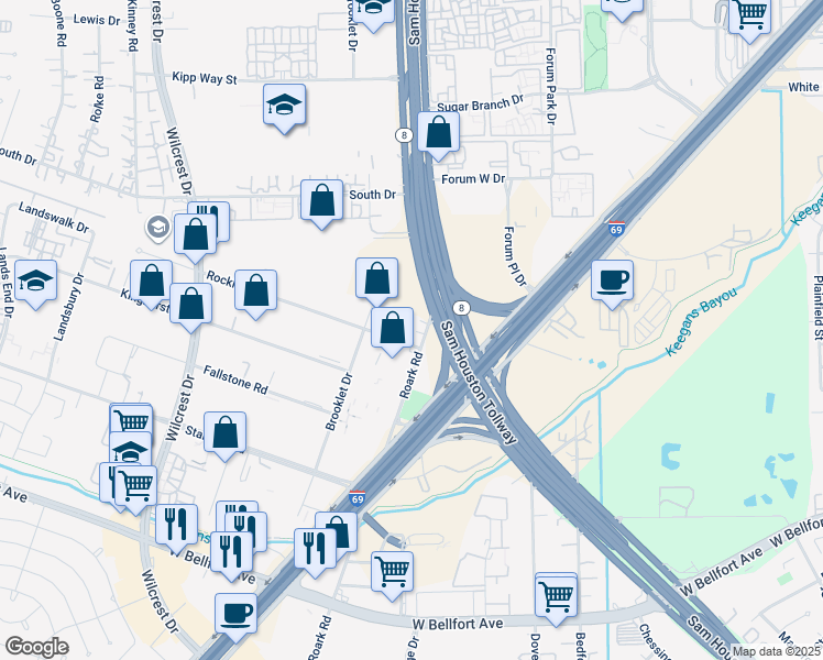 map of restaurants, bars, coffee shops, grocery stores, and more near 10402 Rockley Road in Houston