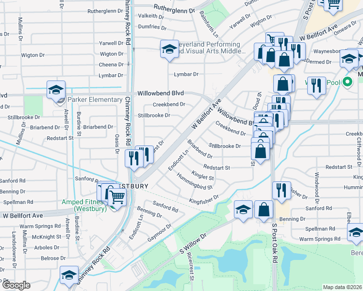 map of restaurants, bars, coffee shops, grocery stores, and more near 5211 West Bellfort Street in Houston