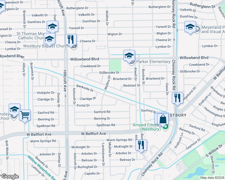 map of restaurants, bars, coffee shops, grocery stores, and more near 5619 Hummingbird Street in Houston