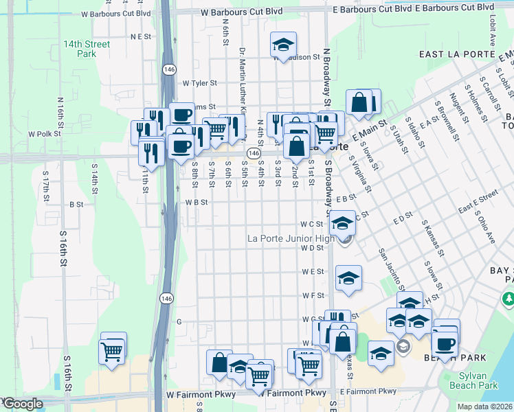 map of restaurants, bars, coffee shops, grocery stores, and more near 302 S 4th St in La Porte
