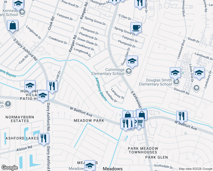 map of restaurants, bars, coffee shops, grocery stores, and more near 10819 Nobility Drive in Houston