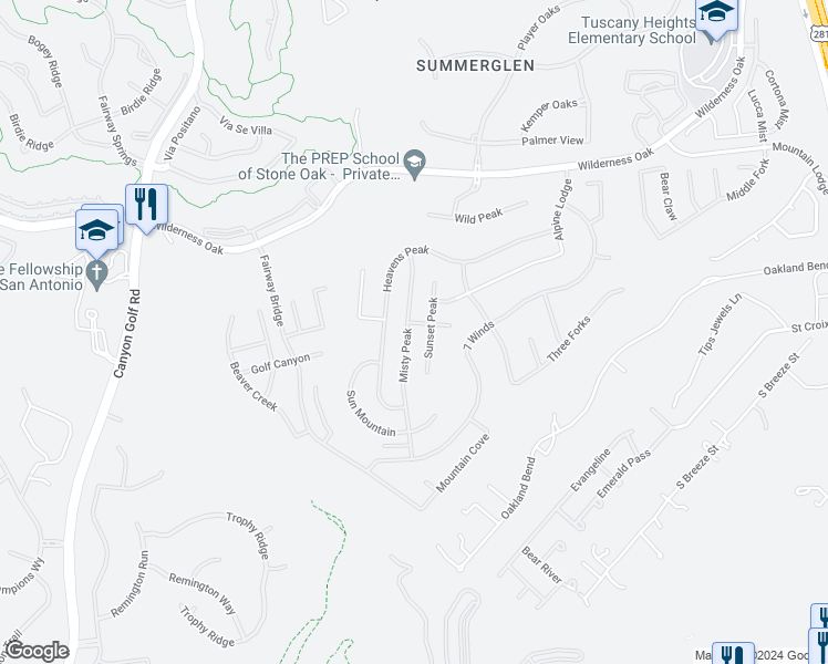 map of restaurants, bars, coffee shops, grocery stores, and more near 23730 Misty Peak in San Antonio