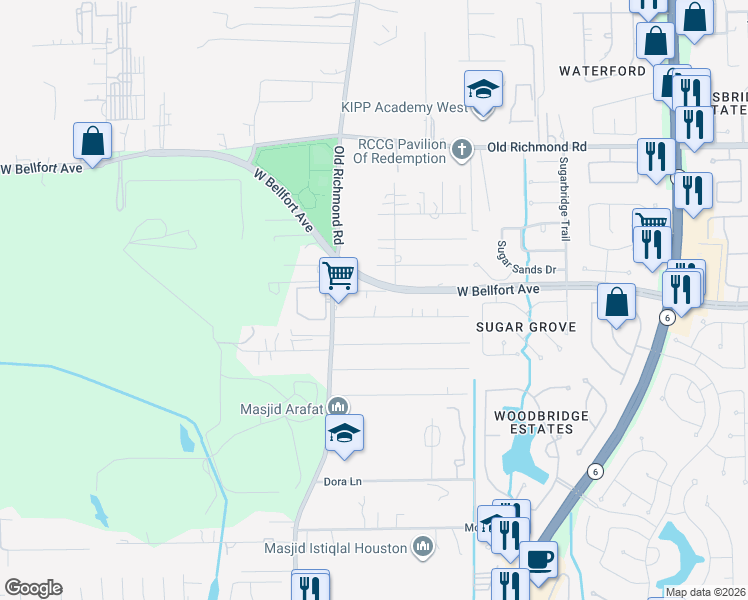 map of restaurants, bars, coffee shops, grocery stores, and more near 15323 Martinez Street in Sugar Land