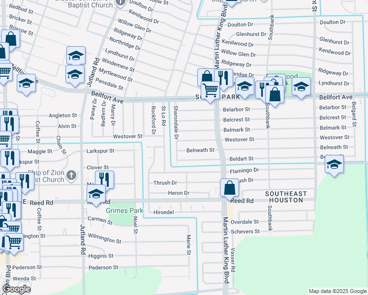 map of restaurants, bars, coffee shops, grocery stores, and more near 5611 Belneath Street in Houston