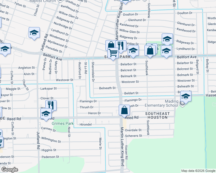 map of restaurants, bars, coffee shops, grocery stores, and more near 5643 Belneath Street in Houston