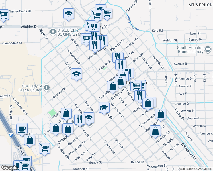 map of restaurants, bars, coffee shops, grocery stores, and more near 708 Indiana Street in South Houston