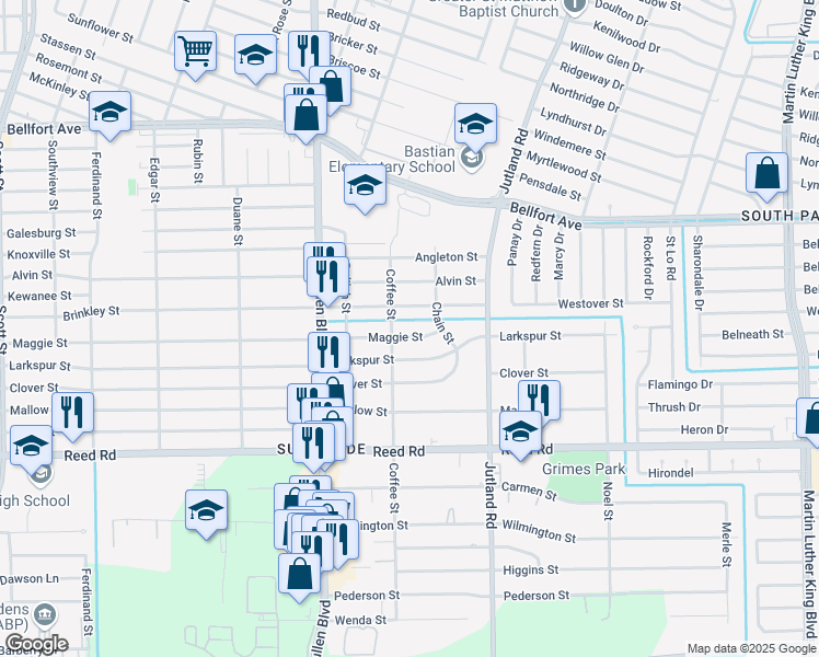map of restaurants, bars, coffee shops, grocery stores, and more near 4813 Maggie Street in Houston