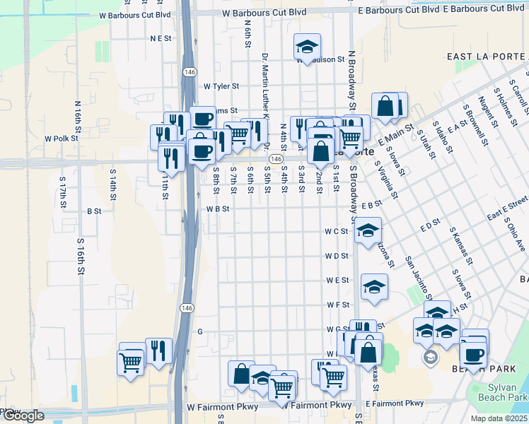 map of restaurants, bars, coffee shops, grocery stores, and more near 302 South 5th Street in La Porte