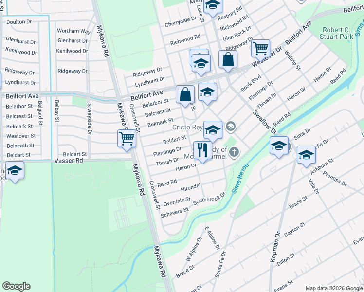 map of restaurants, bars, coffee shops, grocery stores, and more near 6503 Flamingo Drive in Houston
