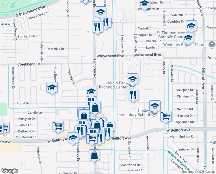 map of restaurants, bars, coffee shops, grocery stores, and more near 6425 Bankside Drive in Houston
