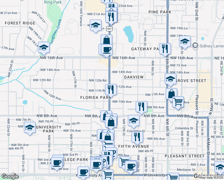 map of restaurants, bars, coffee shops, grocery stores, and more near 1301-1323 Northwest 11th Road in Gainesville