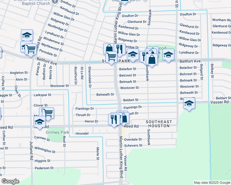 map of restaurants, bars, coffee shops, grocery stores, and more near 5671 Belneath Street in Houston