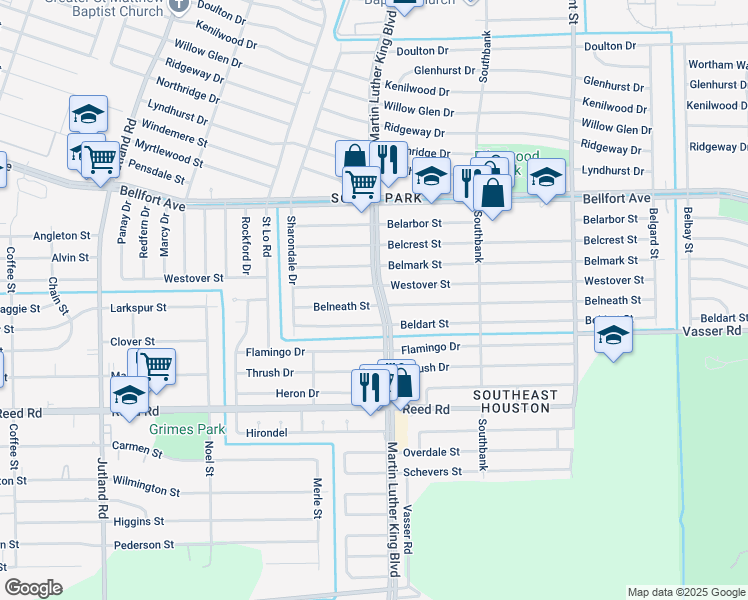 map of restaurants, bars, coffee shops, grocery stores, and more near 5671 Belneath Street in Houston