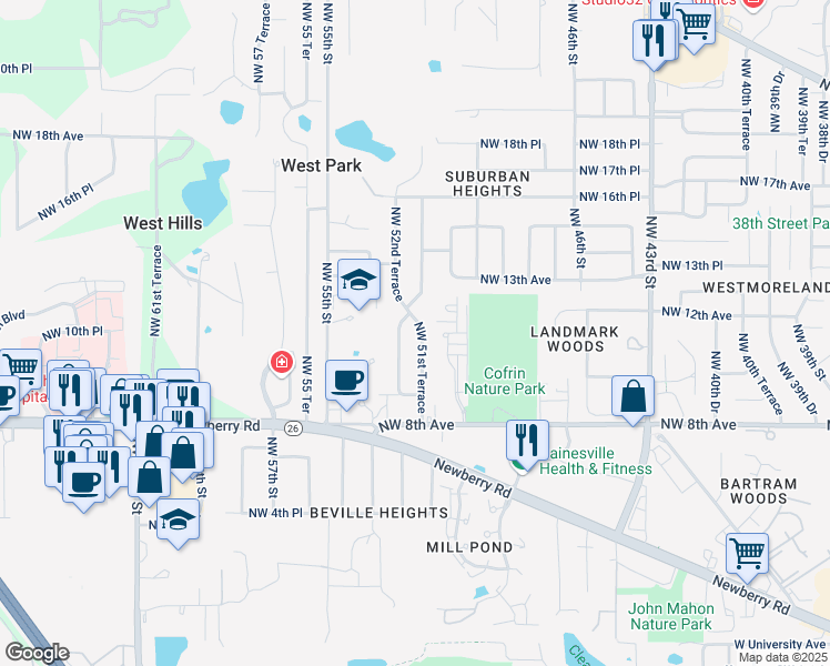 map of restaurants, bars, coffee shops, grocery stores, and more near 1024 Northwest 51st Terrace in Gainesville