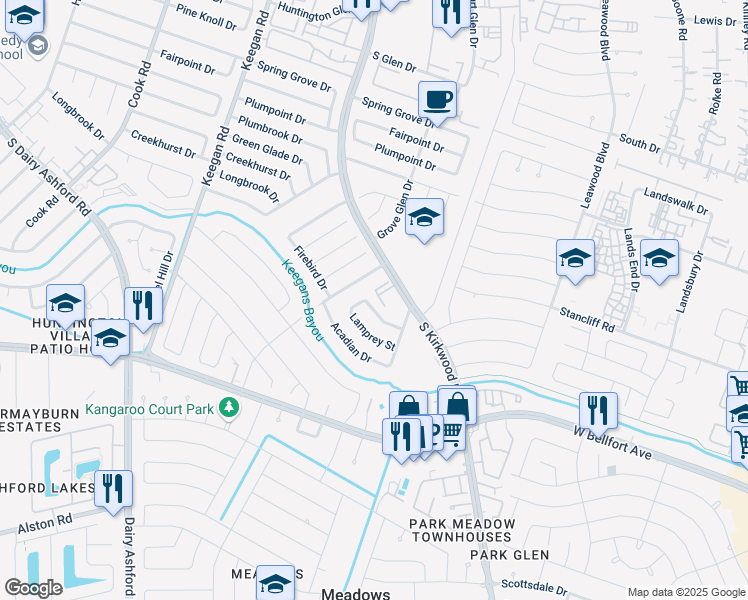 map of restaurants, bars, coffee shops, grocery stores, and more near 11830 Basilica Street in Houston