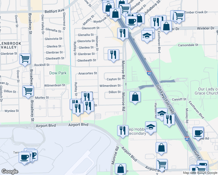 map of restaurants, bars, coffee shops, grocery stores, and more near 8603 Dillon Street in Houston
