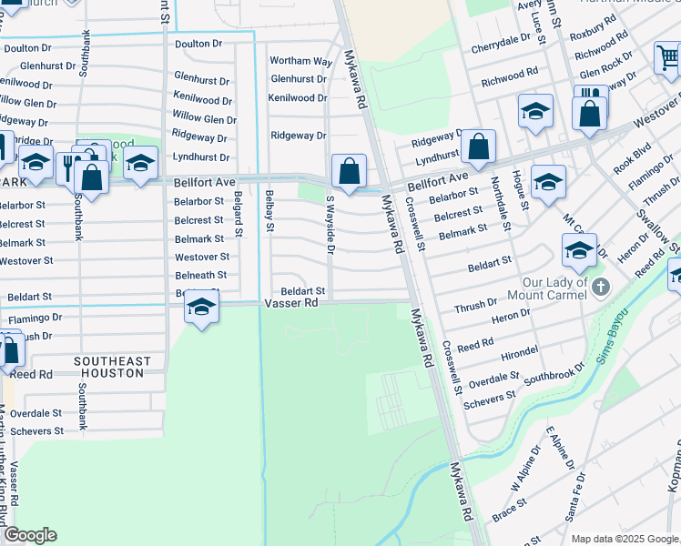 map of restaurants, bars, coffee shops, grocery stores, and more near 6106 Westover Street in Houston