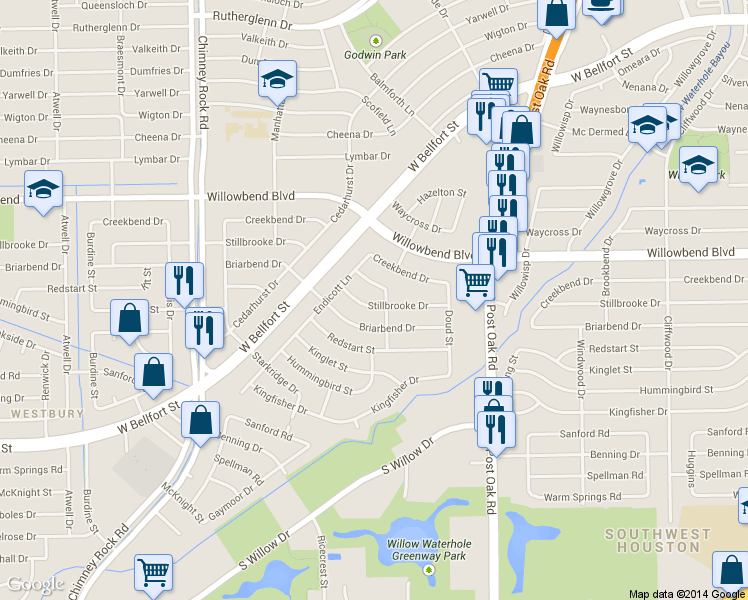 map of restaurants, bars, coffee shops, grocery stores, and more near 5106 Stillbrooke Dr in Houston