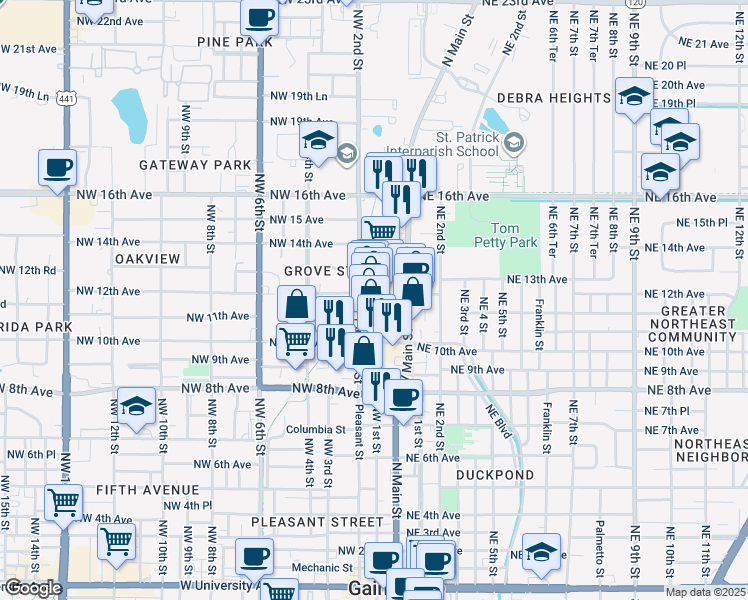 map of restaurants, bars, coffee shops, grocery stores, and more near 1002 North Main Street in Gainesville