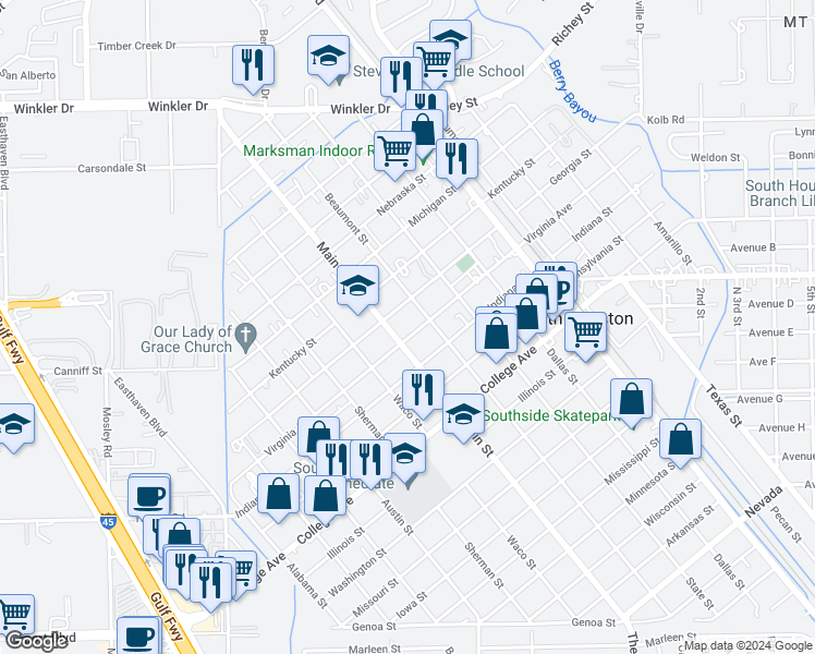 map of restaurants, bars, coffee shops, grocery stores, and more near 815 Virginia Street in South Houston