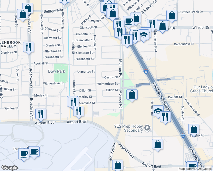 map of restaurants, bars, coffee shops, grocery stores, and more near 8603 Dillon Street in Houston