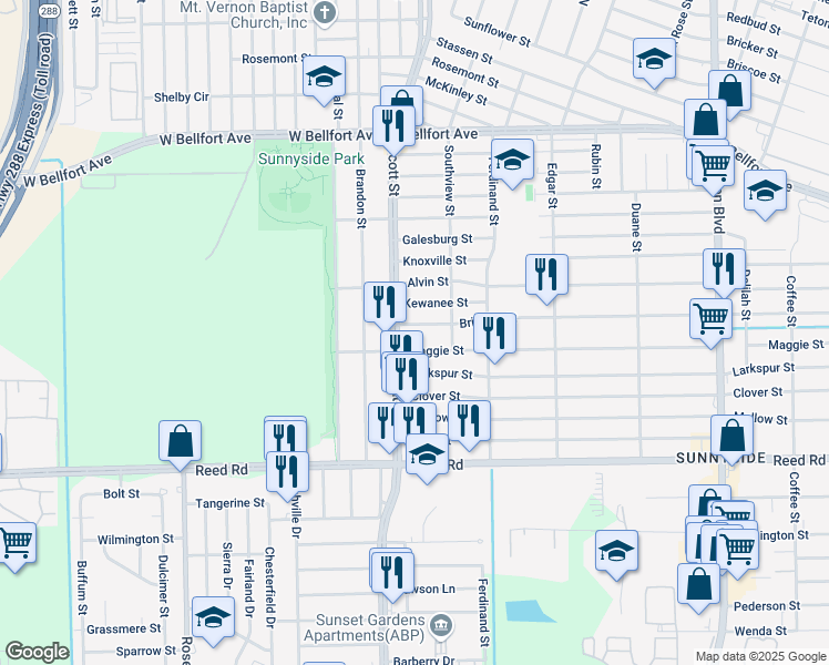 map of restaurants, bars, coffee shops, grocery stores, and more near 4119 Maggie Street in Houston