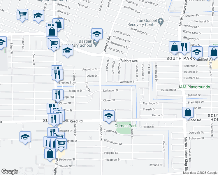 map of restaurants, bars, coffee shops, grocery stores, and more near 5019 Larkspur Street in Houston