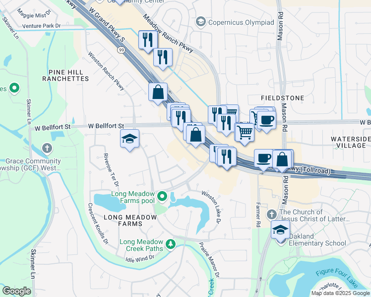 map of restaurants, bars, coffee shops, grocery stores, and more near 7860 West Grand Parkway in Richmond