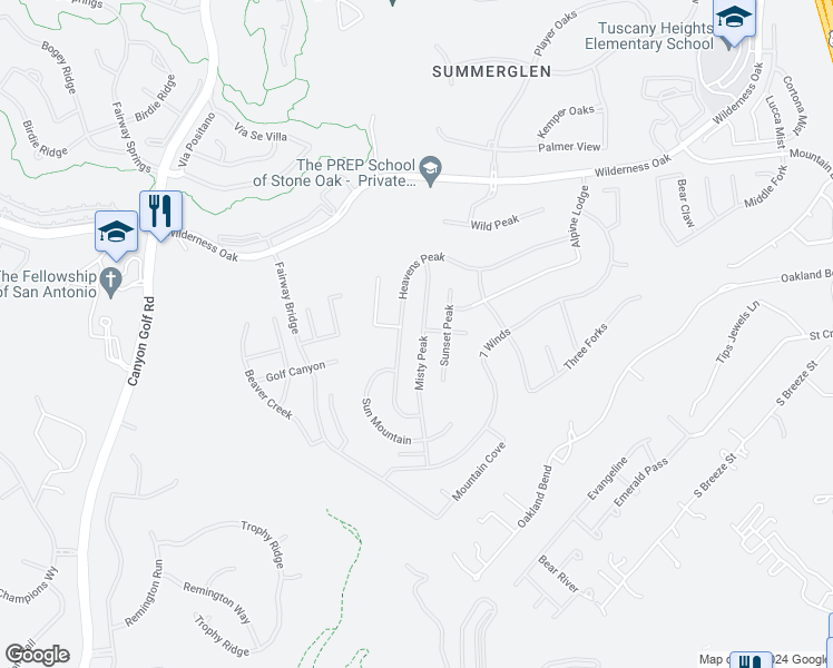 map of restaurants, bars, coffee shops, grocery stores, and more near 23735 Misty Peak in San Antonio