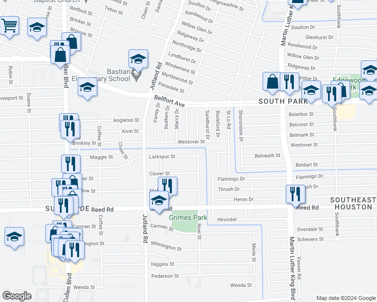 map of restaurants, bars, coffee shops, grocery stores, and more near 5151 Larkspur Street in Houston