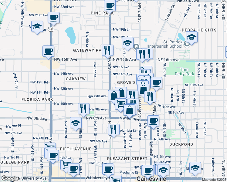 map of restaurants, bars, coffee shops, grocery stores, and more near 1121 Northwest 6th Street in Gainesville